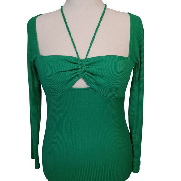 Zara Green LS Ribbed Cut-Out Stretch Midi Dress Size M Bodycon - Picture 6 of 13